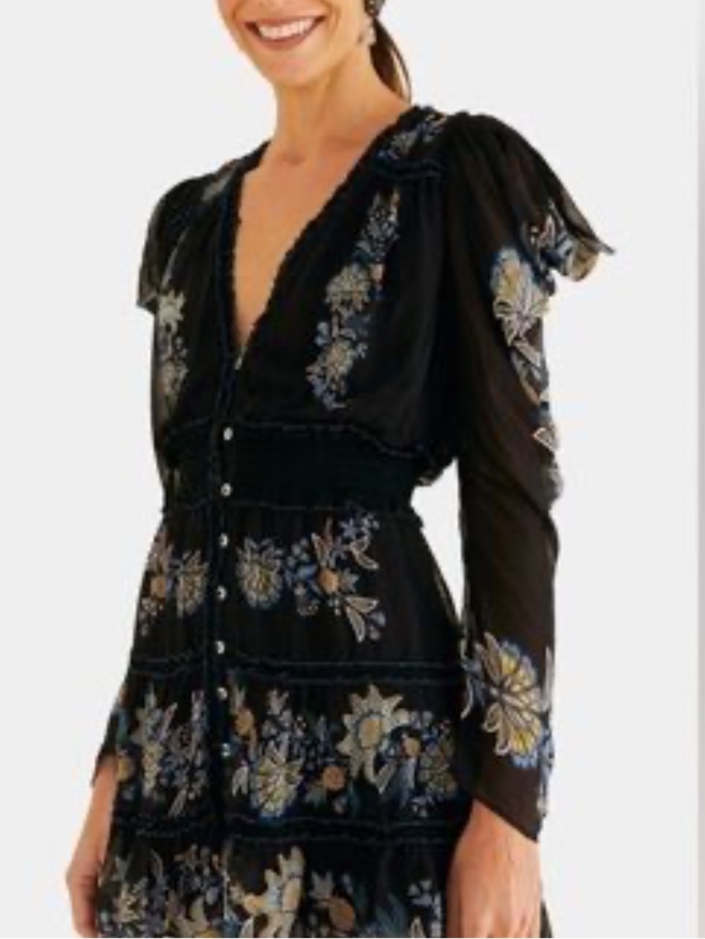NWT FARM Rio Black Mini Dress with Yellow & Blue Floral Embroidery - Picture 3 of 11